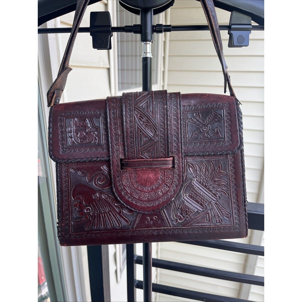 Vintage Mexican Aztec Mayan Tooled Brown Leather Handbag Purse Boho Hippie Vibe - Picture 2 of 16